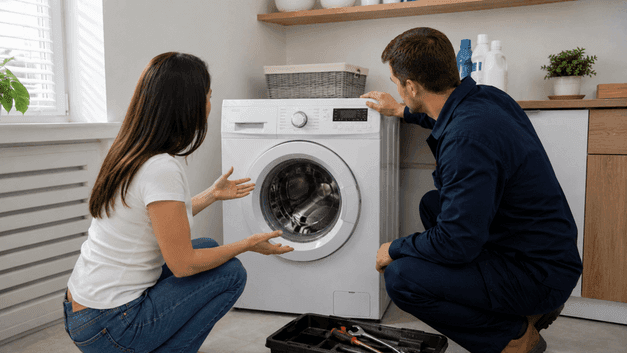 Tecnico durante la diagnosi di una lavatrice a domicilio